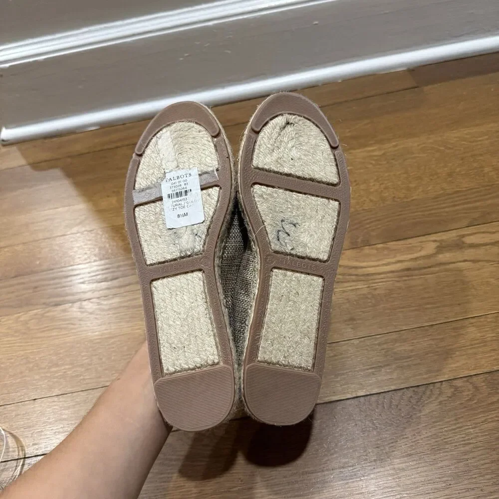 Talbots Izzy Beige Gold Linen Metallic Cap Toe Espadrille Flats Slip-On Sz 8.5 M